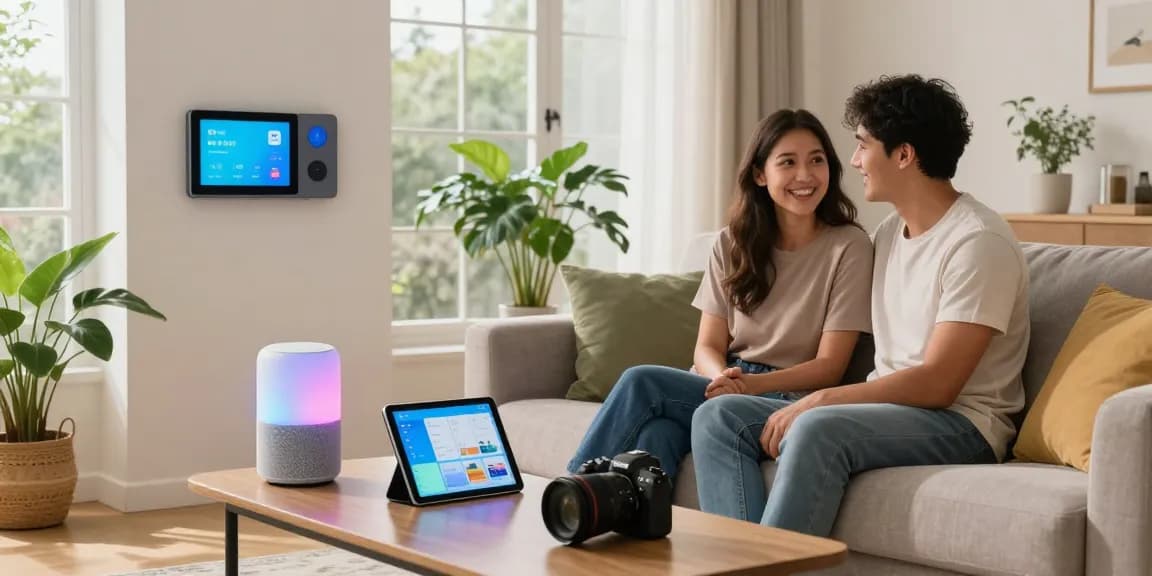 Couple interacting with smart home gadgets, showcasing modern living room automation.