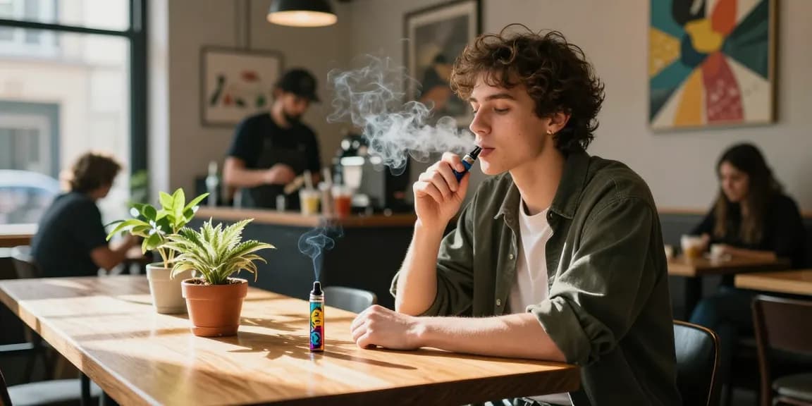 Young adult enjoying weed vapes in a stylish café, showcasing modern cannabis culture and lifestyle.