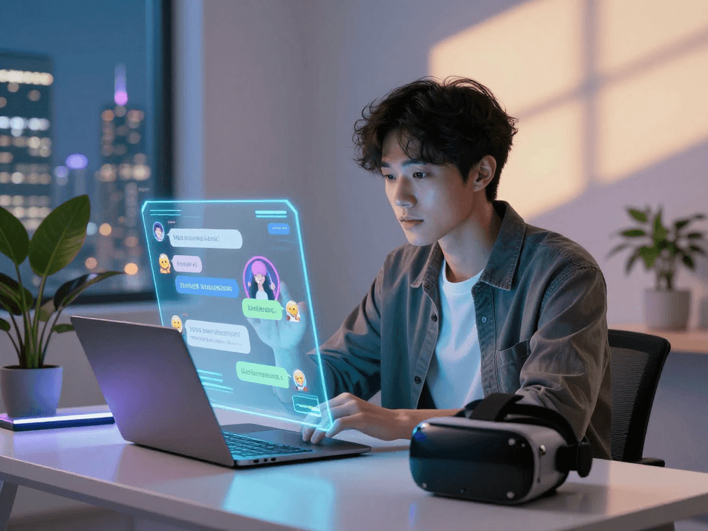 Young adult engaging in an nsfw AI chat conversation with a holographic interface in a modern workspace.