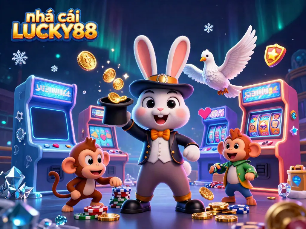 Experience the thrill of nhà cái LUCKY88 with vibrant characters celebrating casino games.