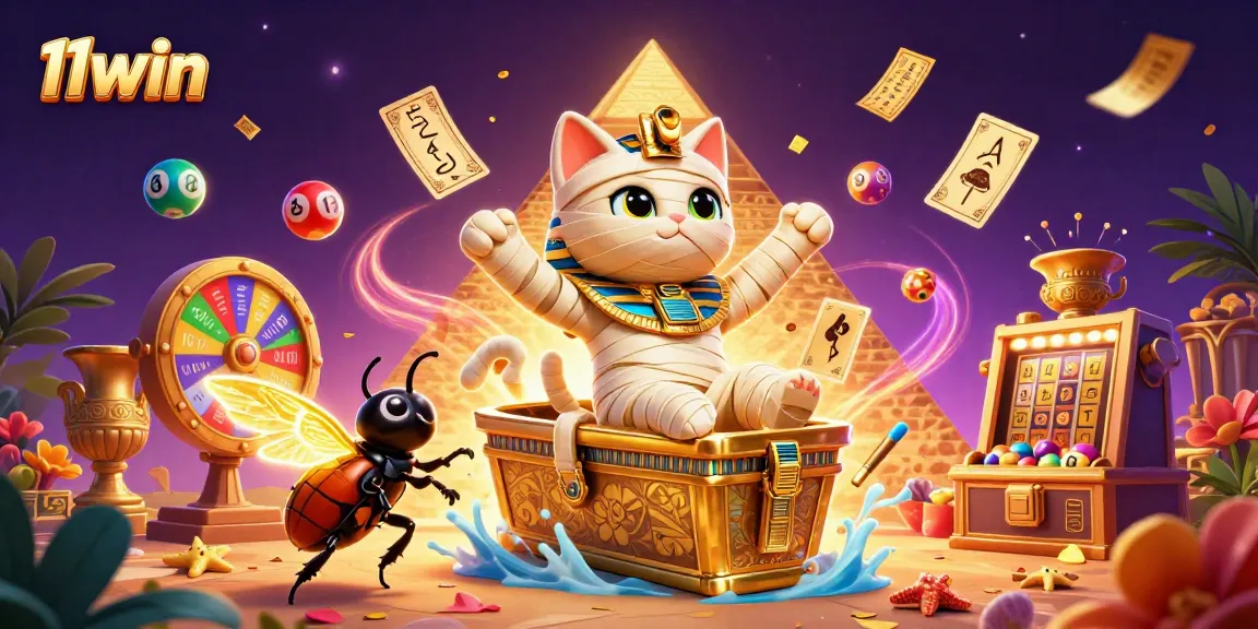 Play vibrant games at 11win with the Egyptian mummy cat and magical casino elements.