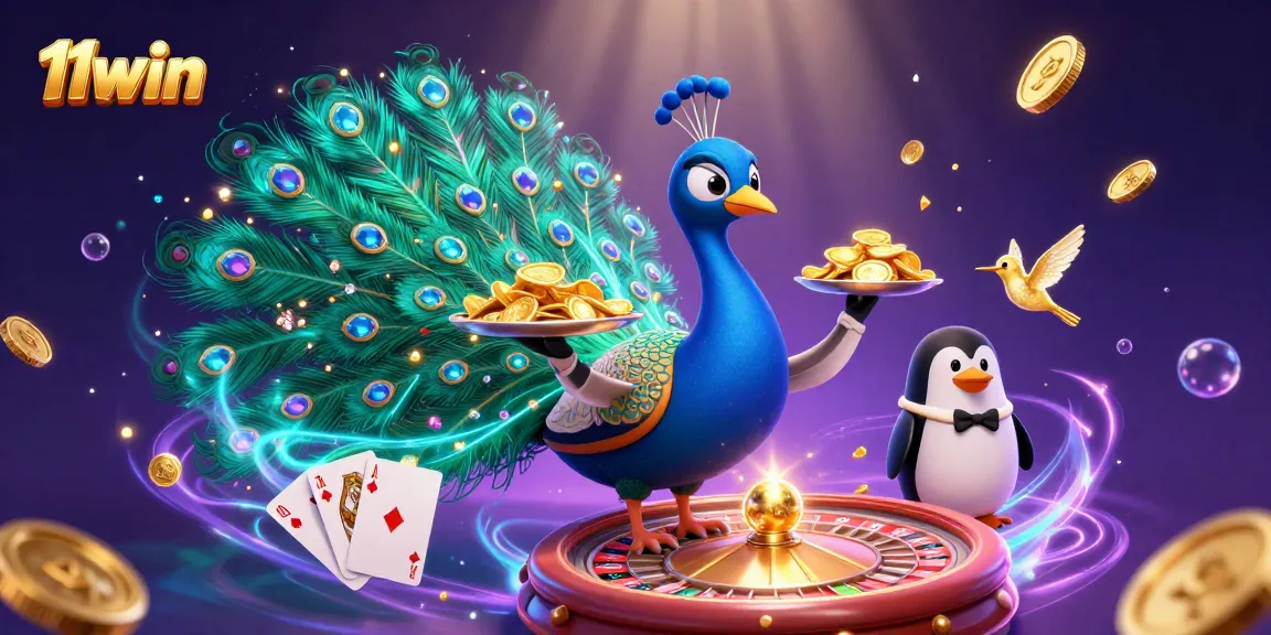 Experience thrilling action at 11win with a vibrant scene of a peacock, penguin, and hummingbird amidst casino lights.