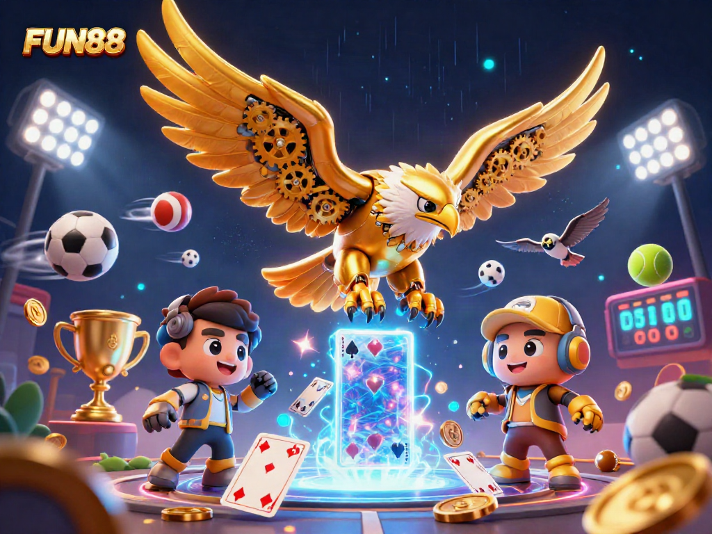 Experience FUN88 like never before with this vibrant, action-packed illustration of an eagle soaring through a gaming paradise.