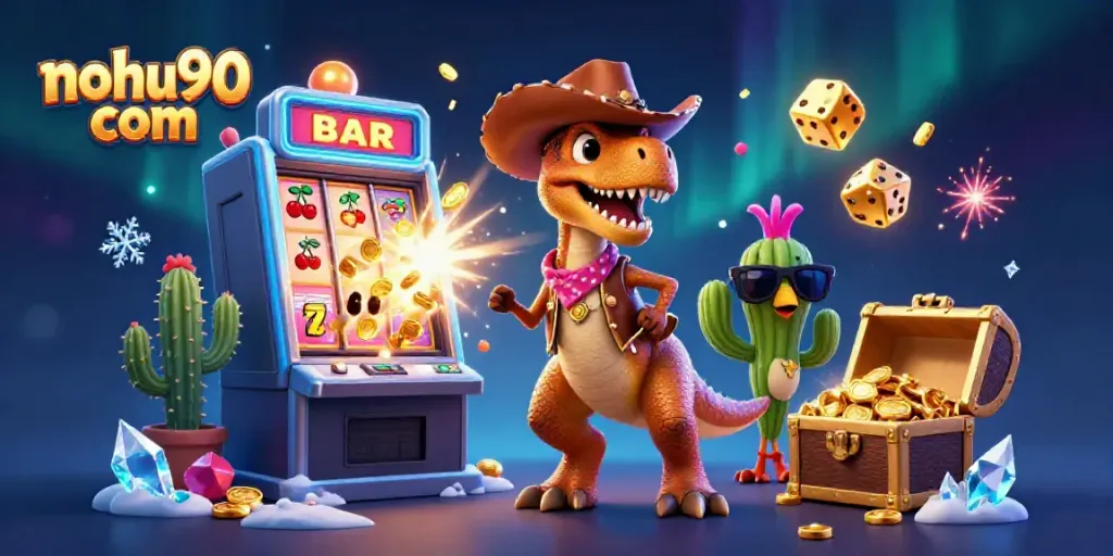Join the excitement with nohu90 com's vibrant 3D jackpot celebration featuring a T-Rex and friends!
