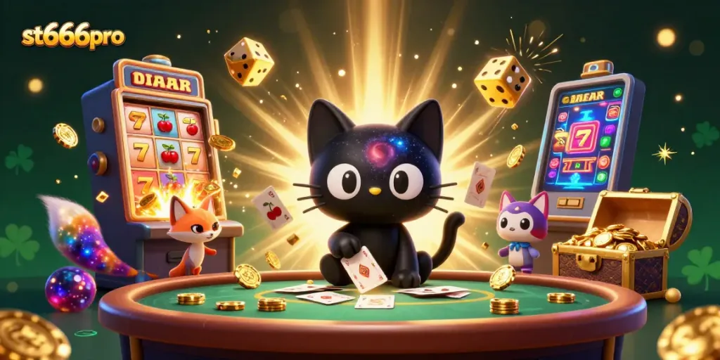 Experience the thrill of st666pro with a cosmic casino showdown featuring a black hole cat and a nebula fox!