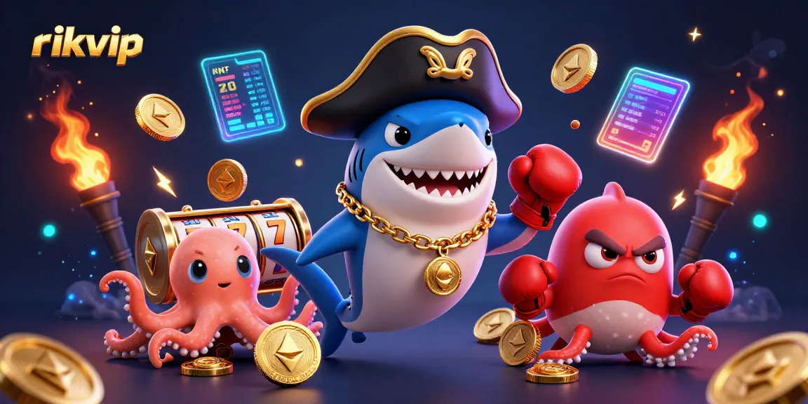 Engage in thrilling gameplay at rikvip with a pirate, pufferfish, and octopus in a vibrant casino scene.