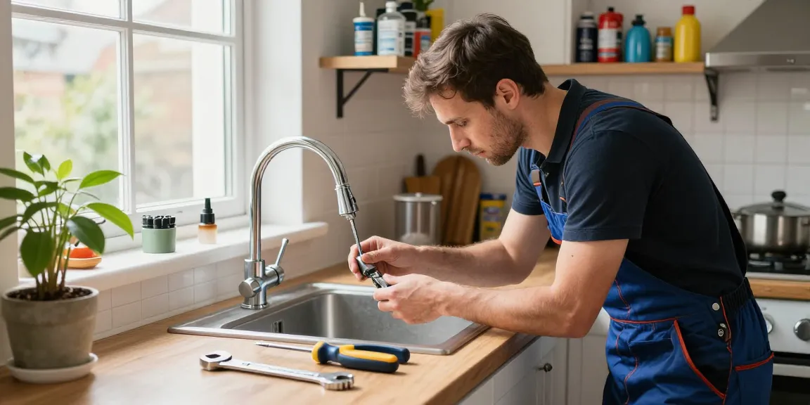 Expert handyman services in London, fixing a kitchen faucet with professional tools and warm light.