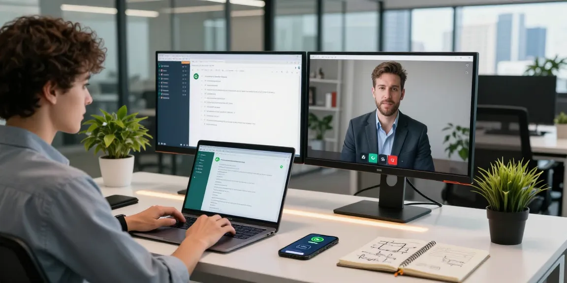 Downloading WhatsApp下載 in a modern digital workspace with vibrant greenery and dynamic tech setup.
