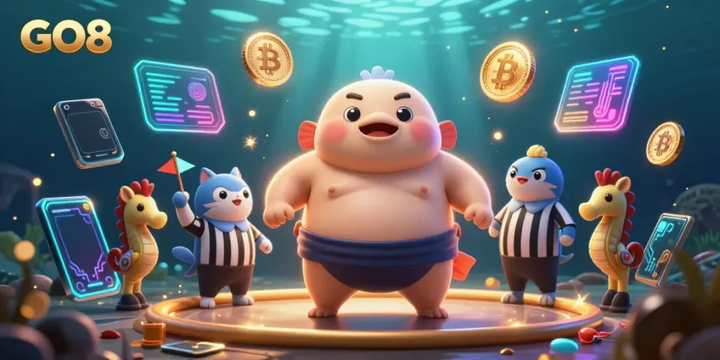 Engage with GO8 for thrilling underwater casino action featuring a sumo blowfish and vibrant crypto elements.