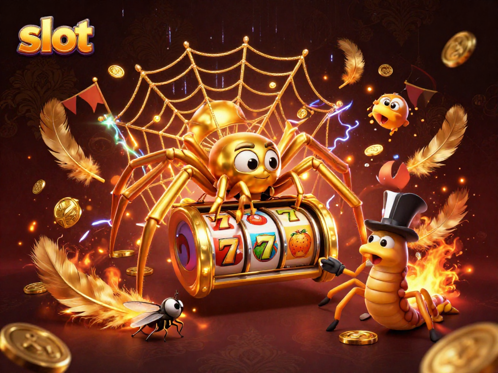 Experience thrilling slot action with a golden spider, croupier centipede, and vibrant game elements.