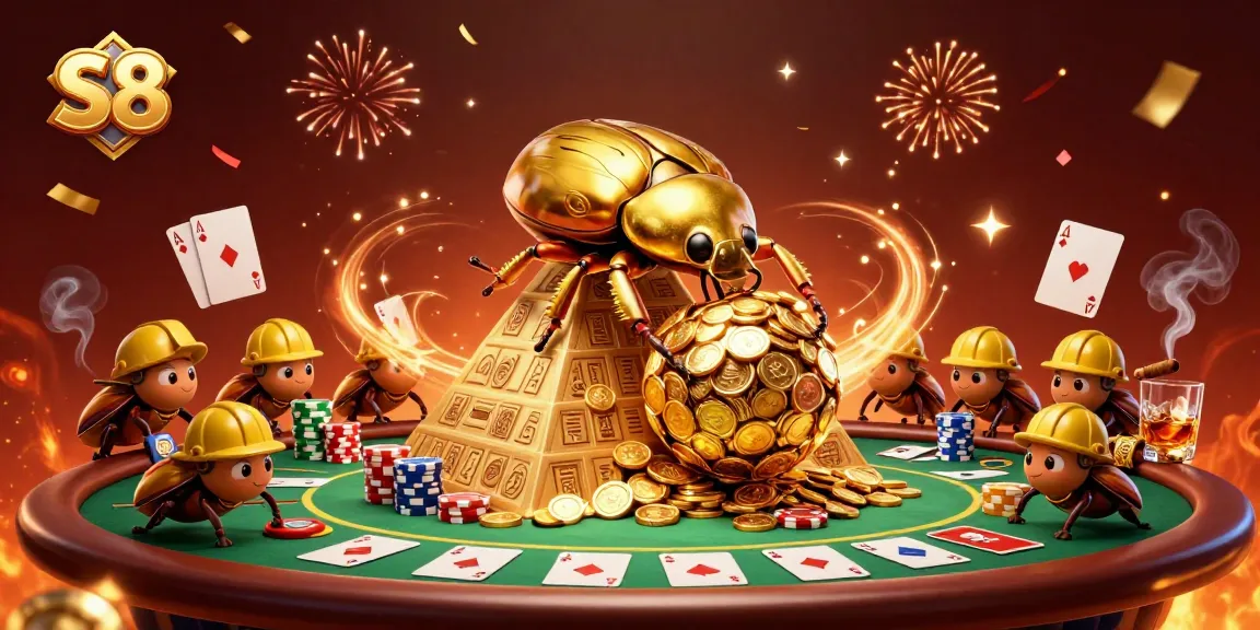 Experience thrilling casino action as S8 features golden beetles and poker elements in a vibrant illustration.