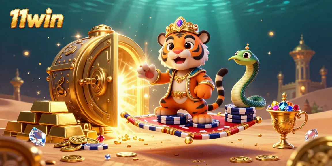 Experience thrilling wins with 11win's vibrant 3D illustration of a flying sultan and treasures.