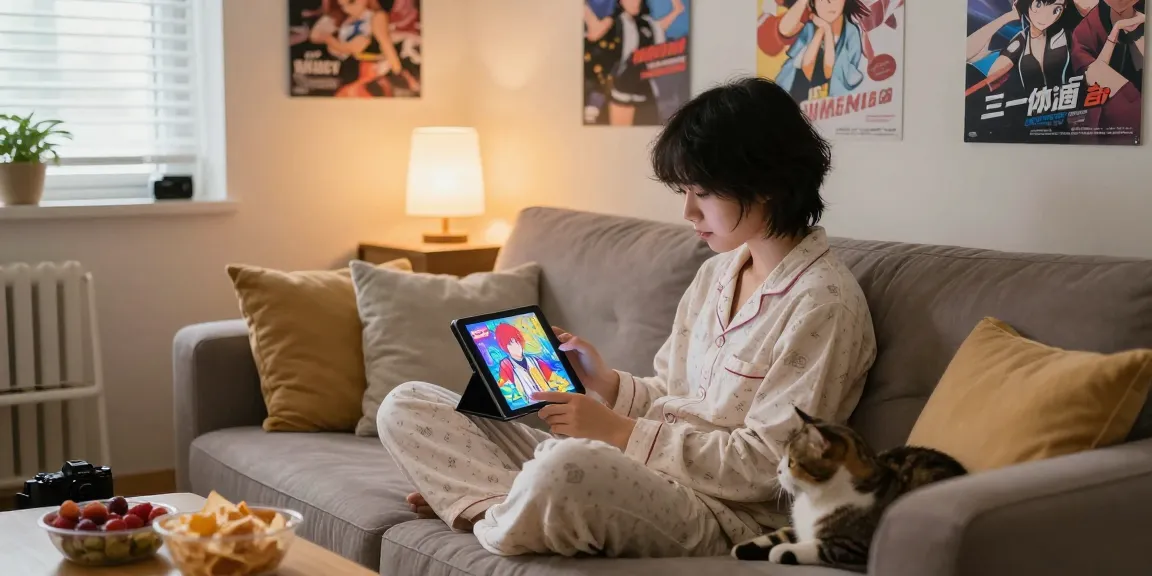 Engaging player enjoying hentai games html on a tablet in a cozy setting
