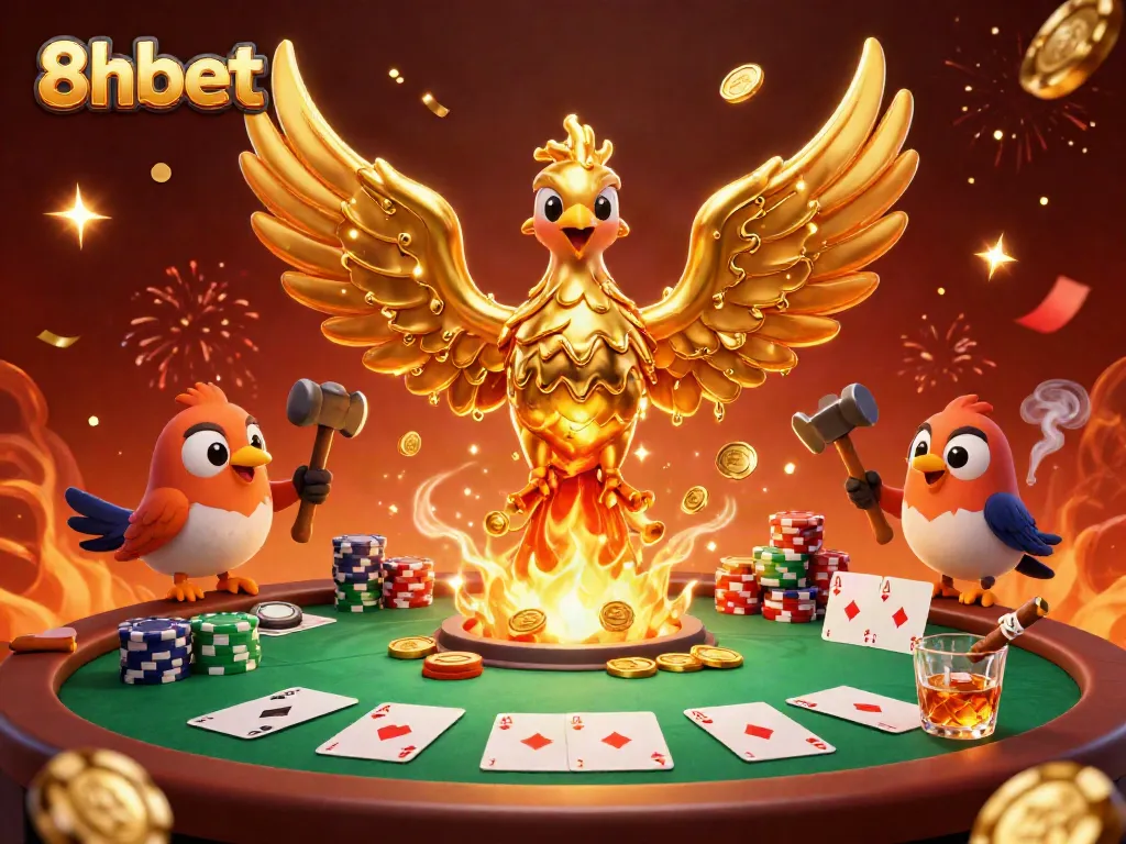 Win with thrilling online gaming at 8xbet, featuring dynamic poker scenes and golden phoenix.
