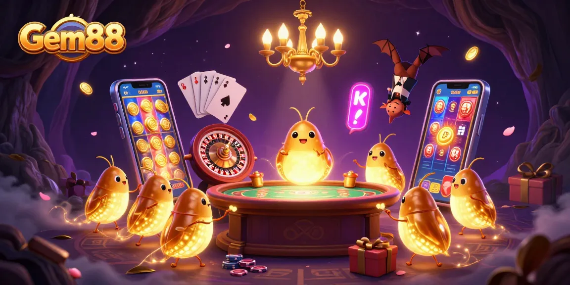 Experience Gem88 with a vibrant 3D casino scene featuring glowworms illuminating games and action.
