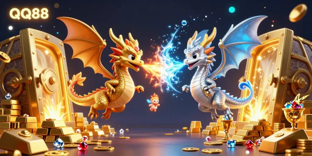 Experience thrilling gaming with QQ88 as gold and silver dragons battle in a magical treasure-filled realm.