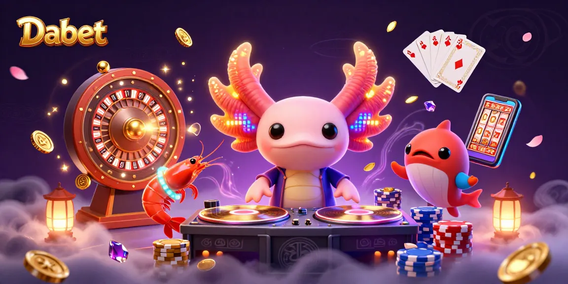 Dabet's vibrant casino scene with a DJ axolotl and animated sea creatures creating a thrilling gaming ambiance.
