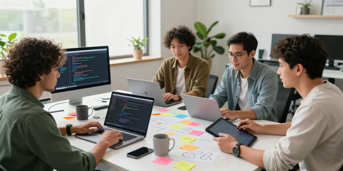 Team collaborating to build internal tools with AI in modern workspace.