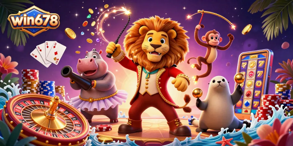 win678 brings thrilling excitement with a dynamic casino scene including a circus lion, hippo, and monkey.