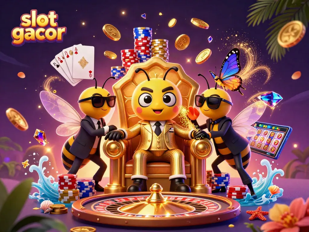 Experience the thrills of slot gacor with animated characters amidst cascading coins and jackpot symbols in an energetic casino scene.
