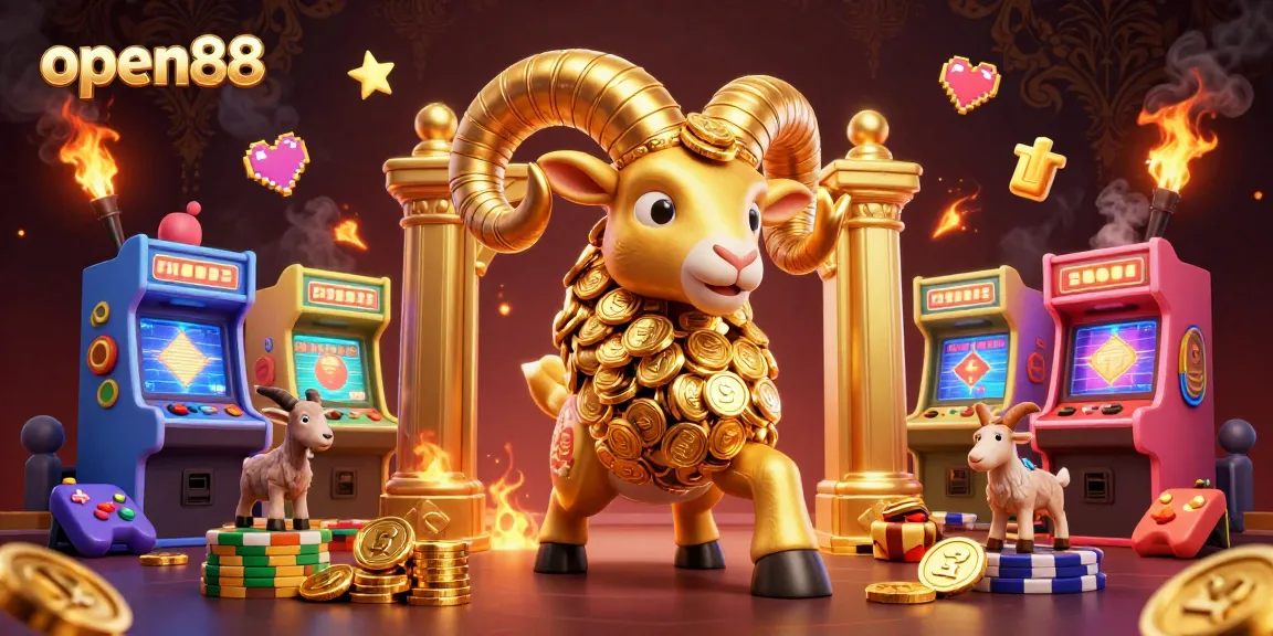 Win big at open88 with an exciting casino adventure featuring a golden ram and vibrant game elements.