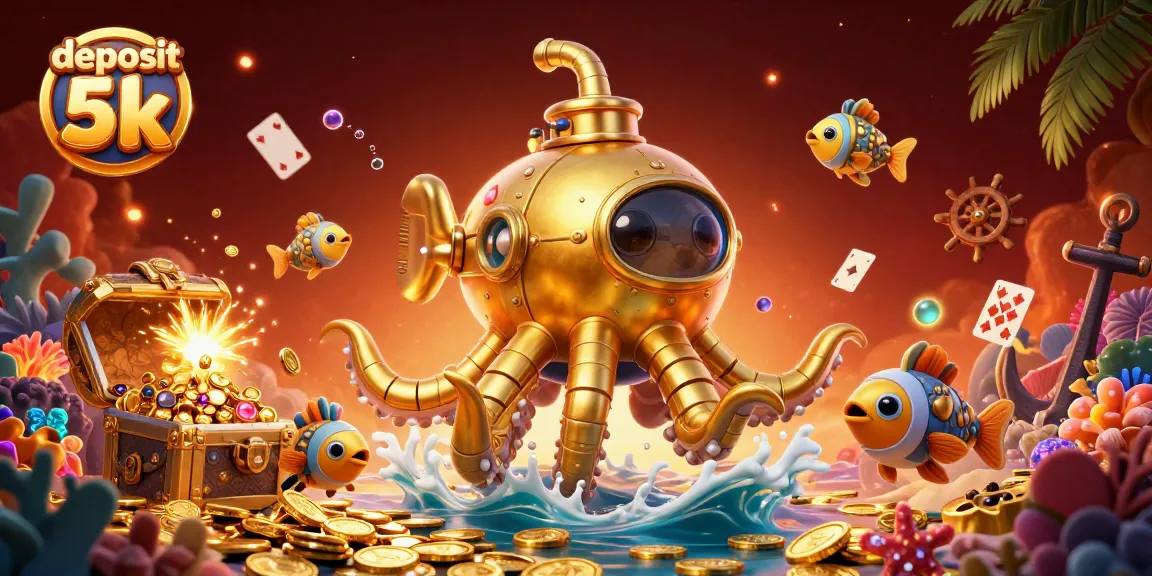 Engage with deposit 5k strategy in colorful 3D casino illustration featuring a kraken and treasure.