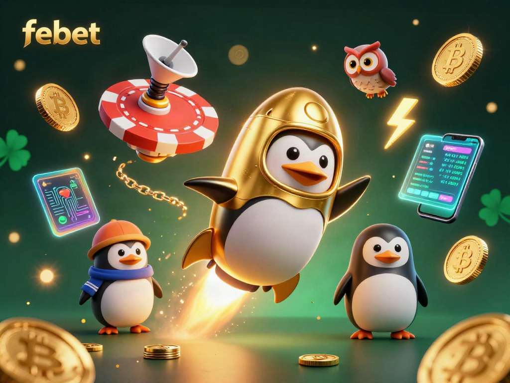 febet launches with a vibrant casino-themed digital illustration featuring a golden penguin amidst a cosmic backdrop.