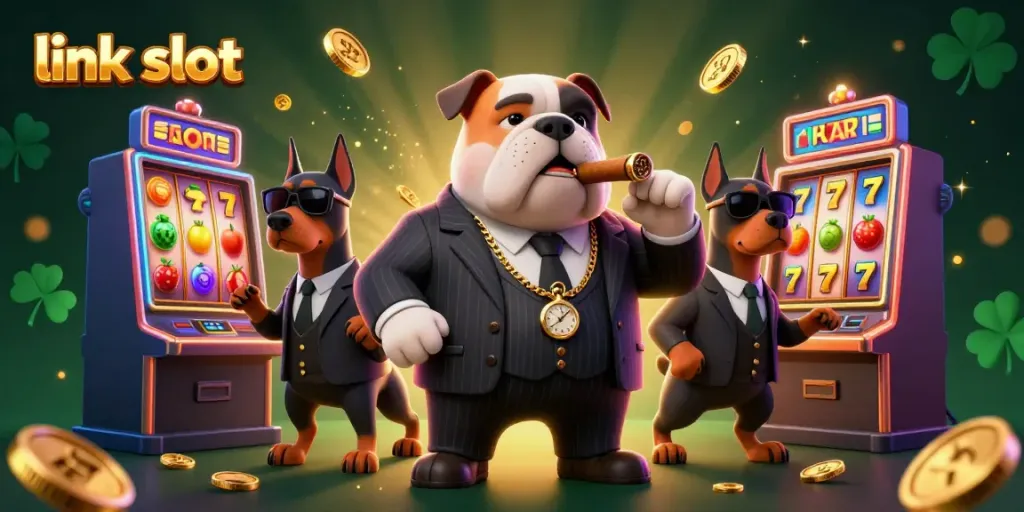 Engage in the vibrant world of link slot machines alongside a mafia boss bulldog and bodyguards.