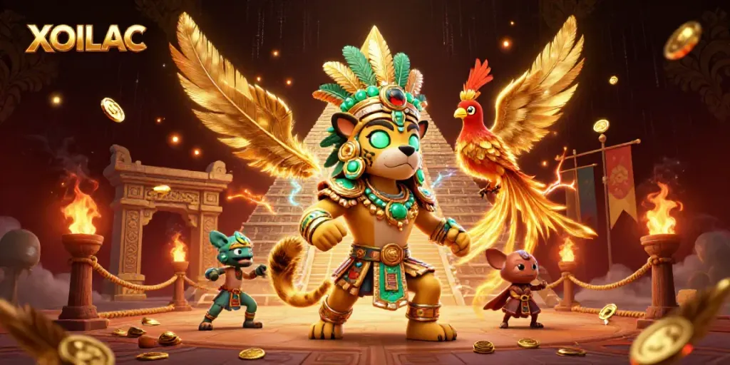 Watch engaging live sports action with XOILAC, featuring vibrant 3D Mayan themed artwork and dynamic casino elements.