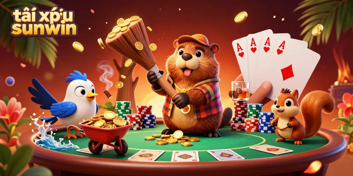 Engage in the excitement of tài xỉu sunwin while a beaver chops a tree raining gold coins, set in a lively casino scene.