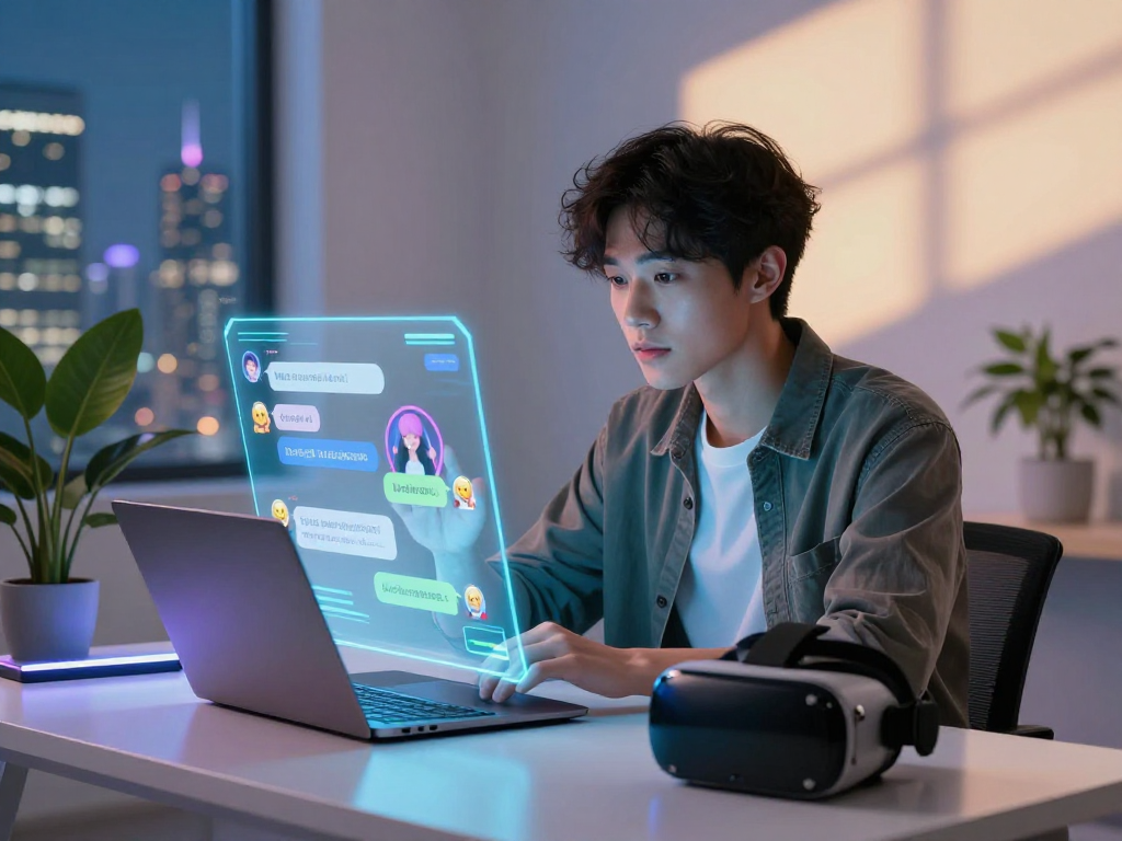 Young adult engaging in an nsfw AI chat conversation with a holographic interface in a modern workspace.