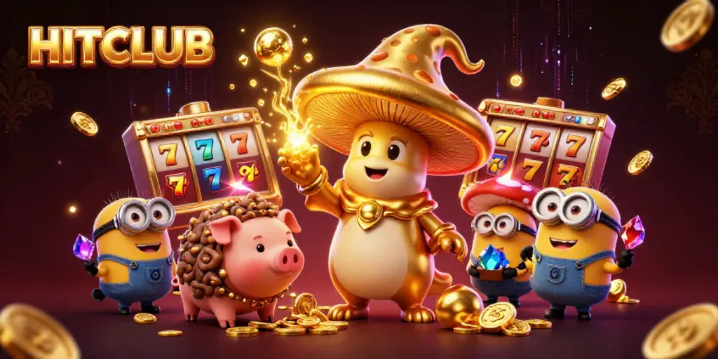 HITCLUB enticing illustration of a magical casino scene with vibrant slot games and golden treasures.