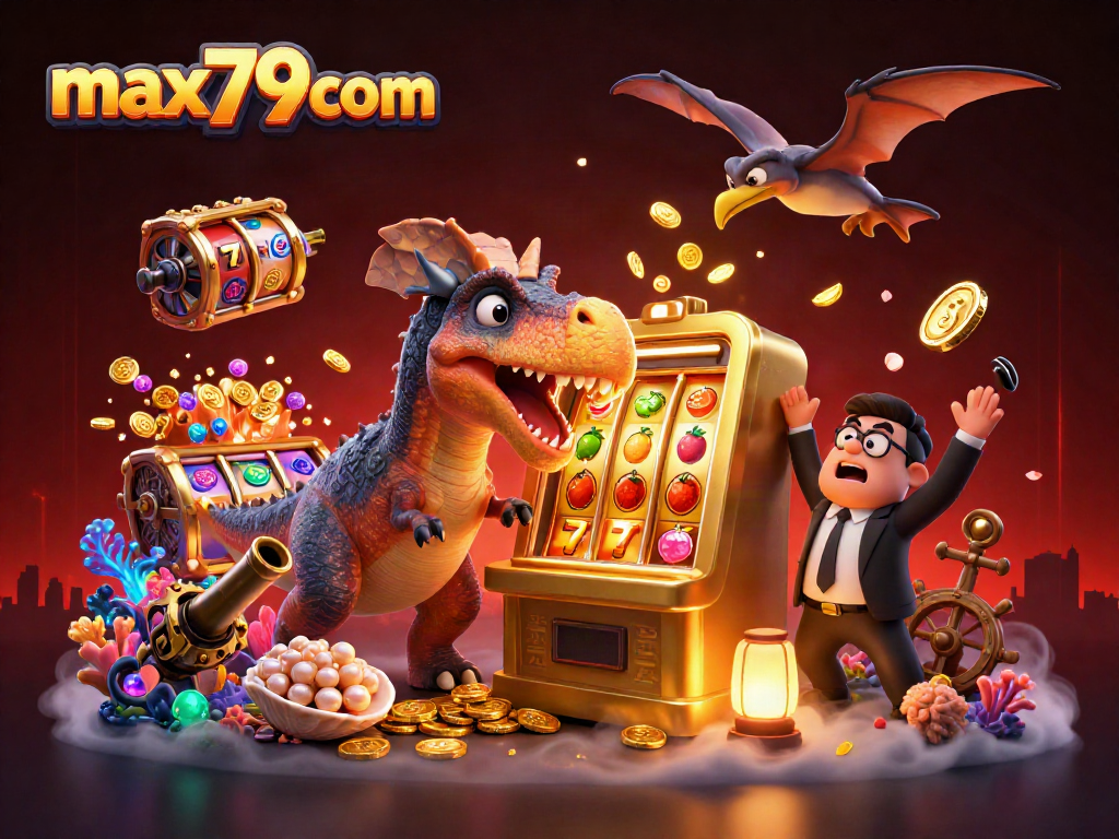 Max79com showcases a 3D pachycephalosaurus winning a jackpot at a slot machine, surrounded by coins.
