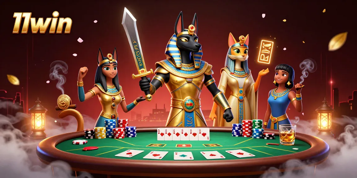 Engage with thrilling poker action at 11win featuring Anubis and Bastet in a vibrant casino scene.