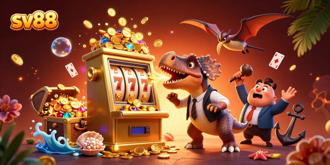 sv88 features a cartoon dinosaur winning in a dynamic casino scene with golden coins and excitement.
