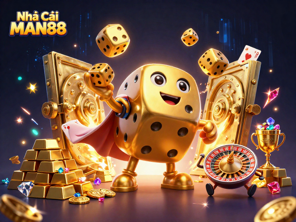 Engage with Nhà Cái MAN88 by rolling golden dice and exploring treasure-filled scenes in this vibrant illustration.