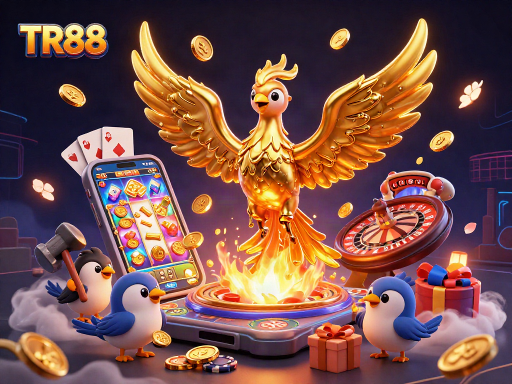 Engage in gaming excitement with TR88, featuring a phoenix of fortunes amidst vibrant casino elements.