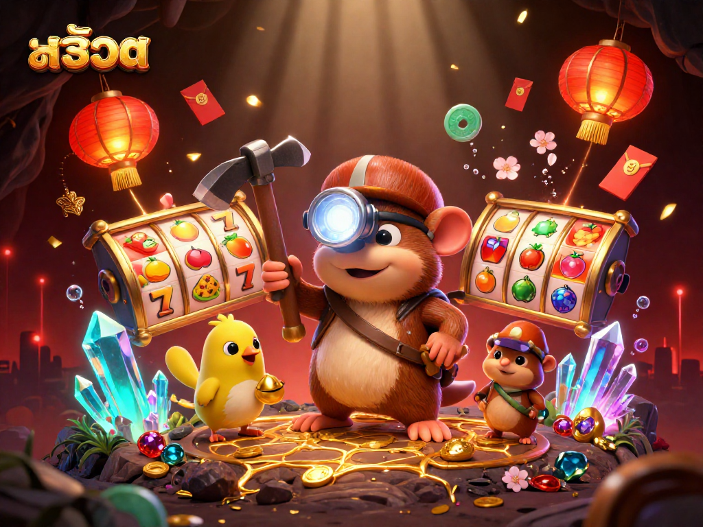 Engage with สล็อต gameplay featuring a treasure hunter mole and canary in a vibrant, dynamic 3D illustration.