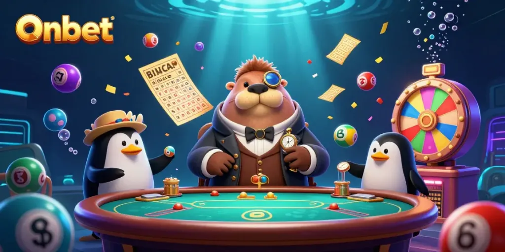 Experience Onbet's exciting underwater poker scene with a jolly walrus and his dealer companions.