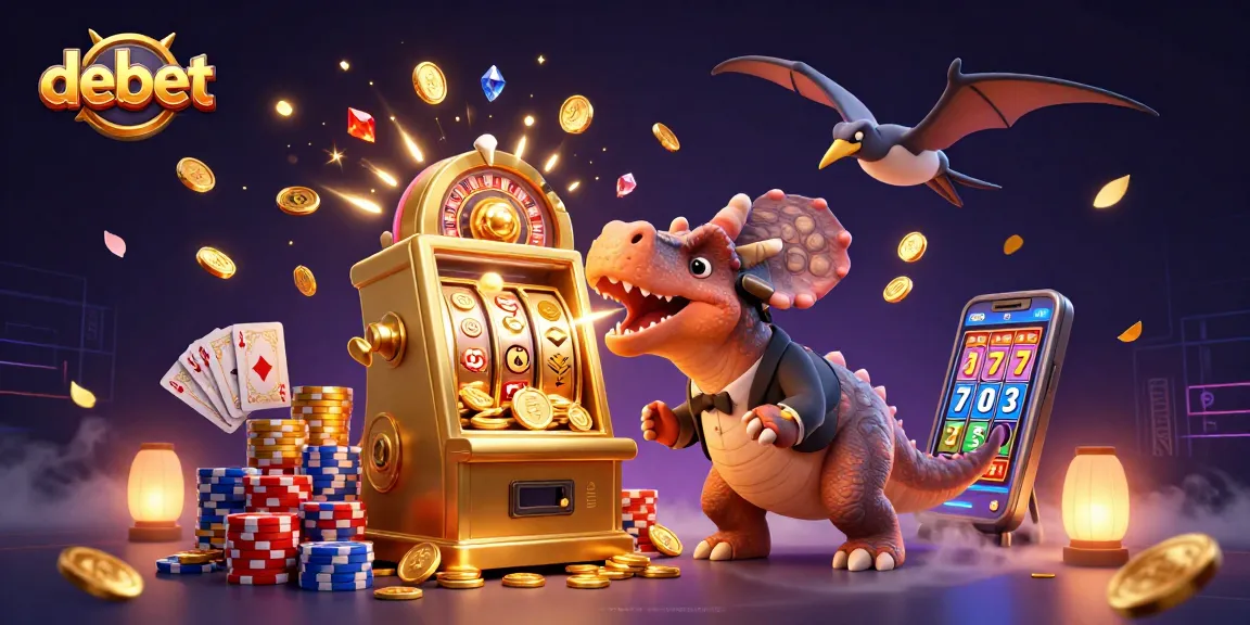 Debet showcases a quirky scene with a dinosaur at a golden slot machine winning coins in a vibrant casino.