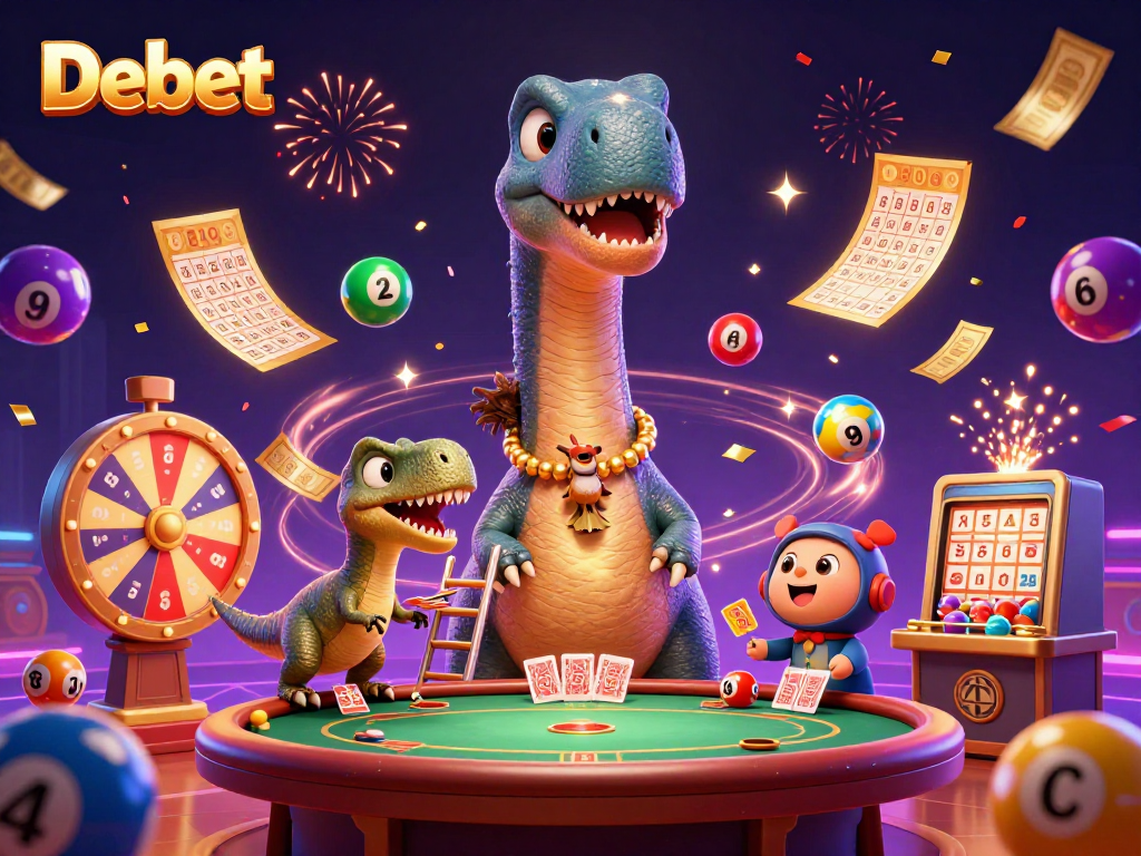 Engage in thrilling games at Debet with a cartoon dinosaur overseeing exciting gambling action.