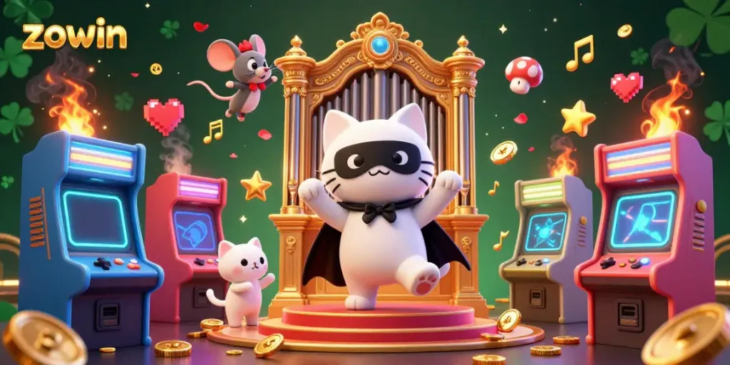 Zowin captures the thrill of gaming with a whimsical casino illustration featuring a masked cat and acrobat.