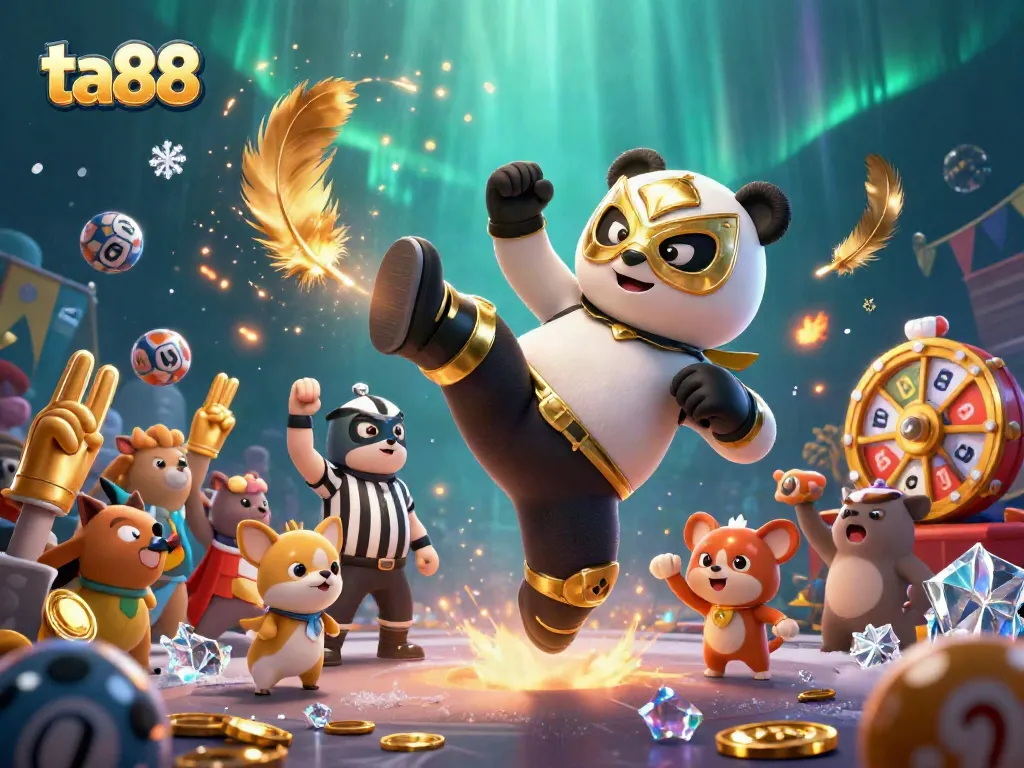 Experience thrilling moments with ta88 as a panda wrestler and animal spectators cheer amidst vibrant lottery action.
