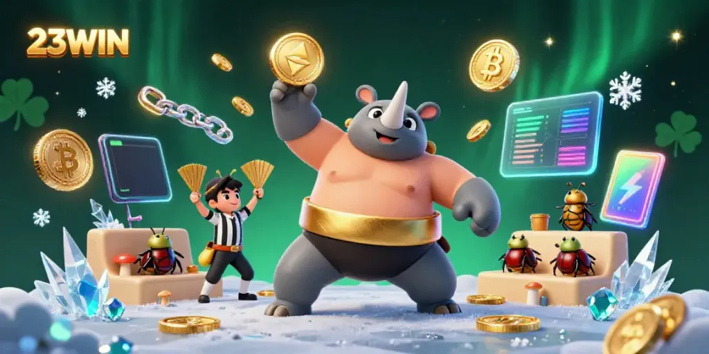 Experience 23WIN's thrilling casino action with a vibrant beetle sumo champion and crypto elements.