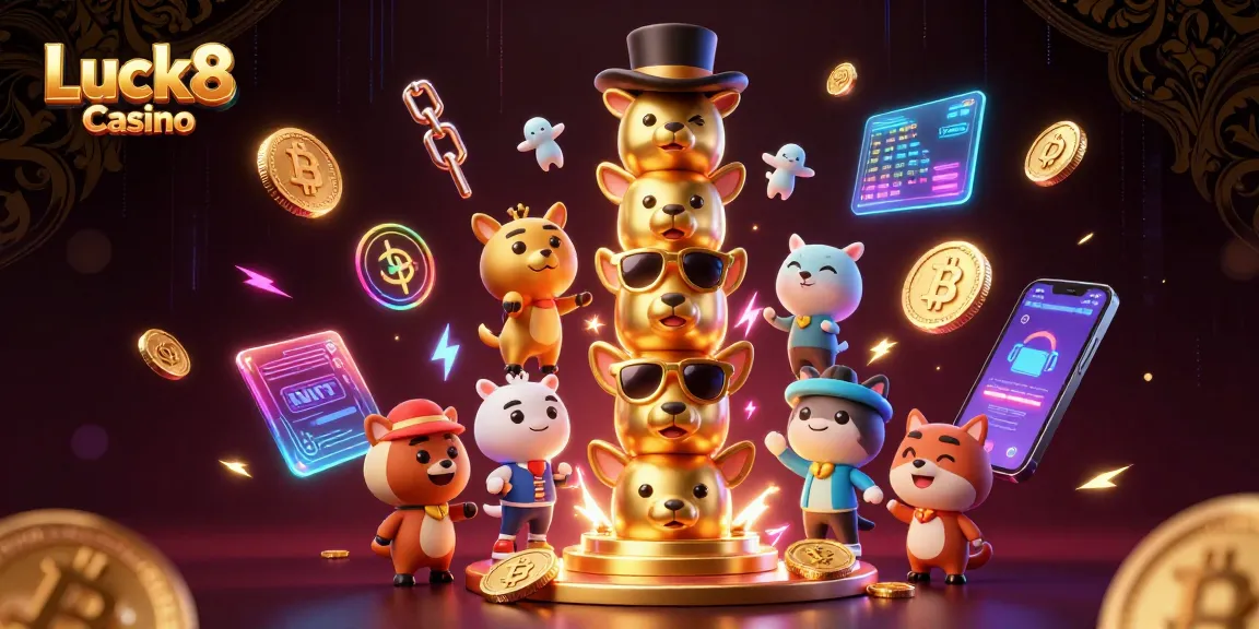Engage with exciting gameplay at Luck8 Casino featuring vibrant 3D cartoon totem with crypto accents.