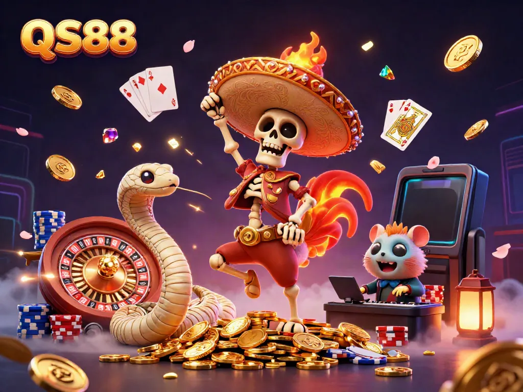 Experience excitement at QS88 with a lively scene of colorful 3D characters celebrating on a pile of coins.