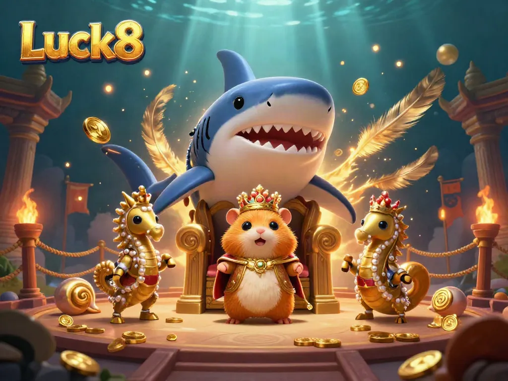 Luck8 Casino features a fierce golden hamster king ruling with seahorse guards amidst rich gaming elements.