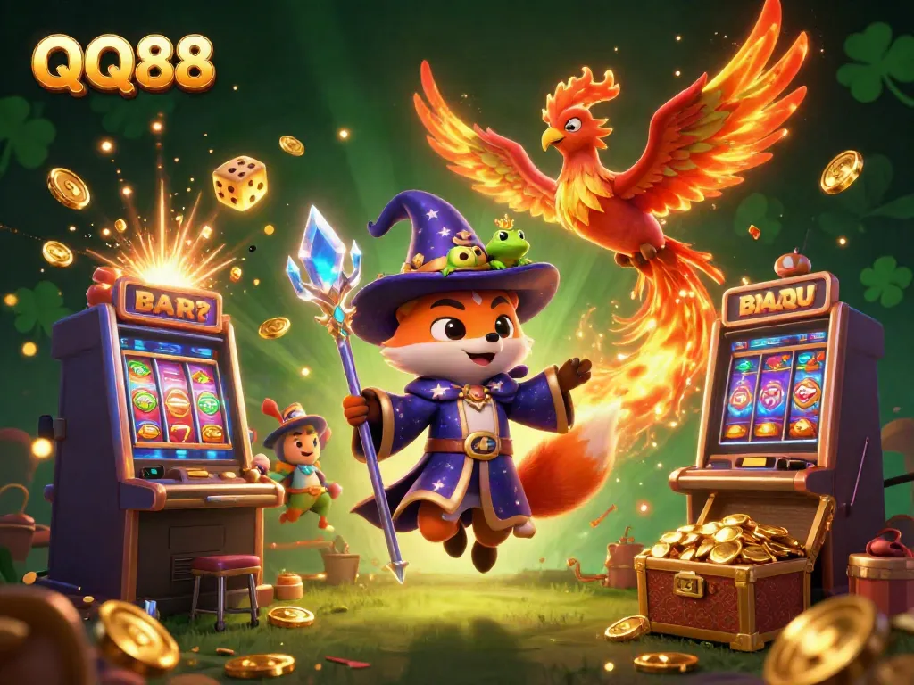 Experience the magical world of QQ88 with a 3D wizard fox and phoenix, surrounded by thrilling casino elements.