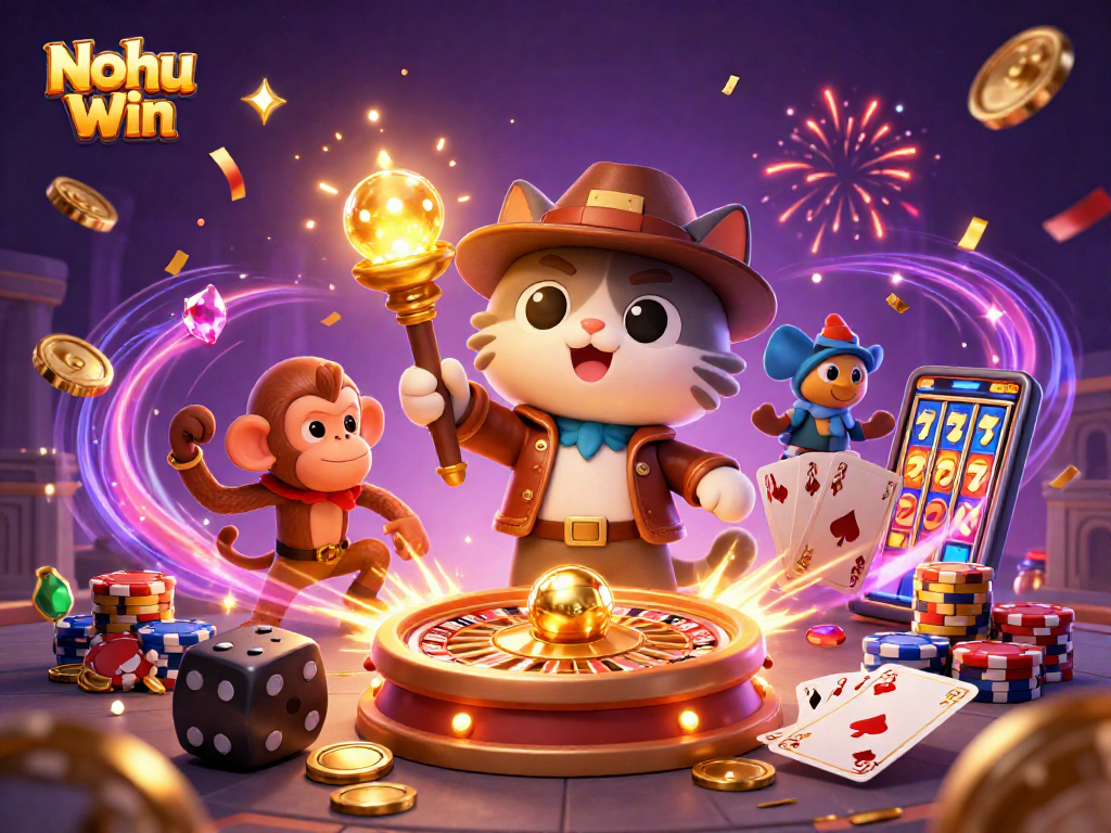 Nohu Win celebrates as the cartoon cat explorer discovers jackpot treasures amidst a vibrant casino temple.