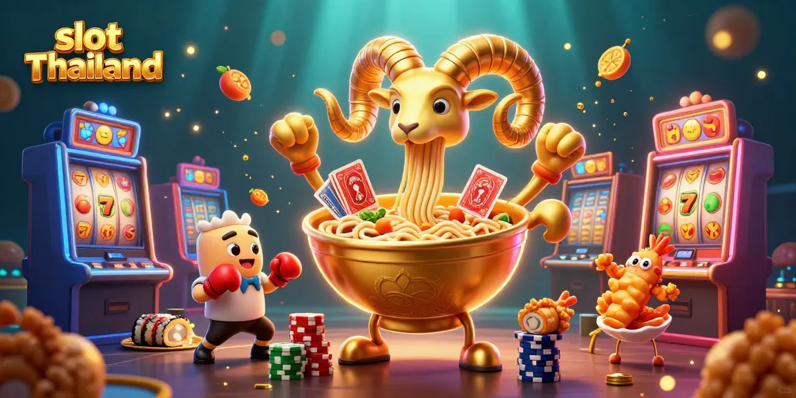 Gambaran slot Thailand yang menarik dengan karakter ramennya yang bertindak sebagai dealer dalam permainan slot.